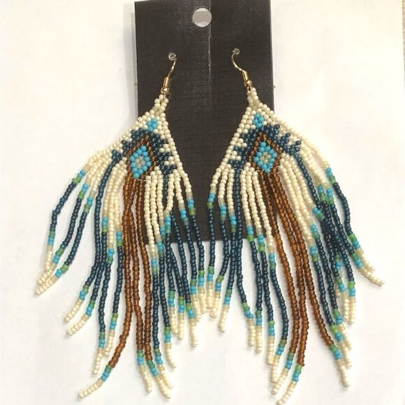 Boho Native American Blue Turquoise Beaded 4.5” Long Dangle Earrings (a)126 - Picture 4 of 8